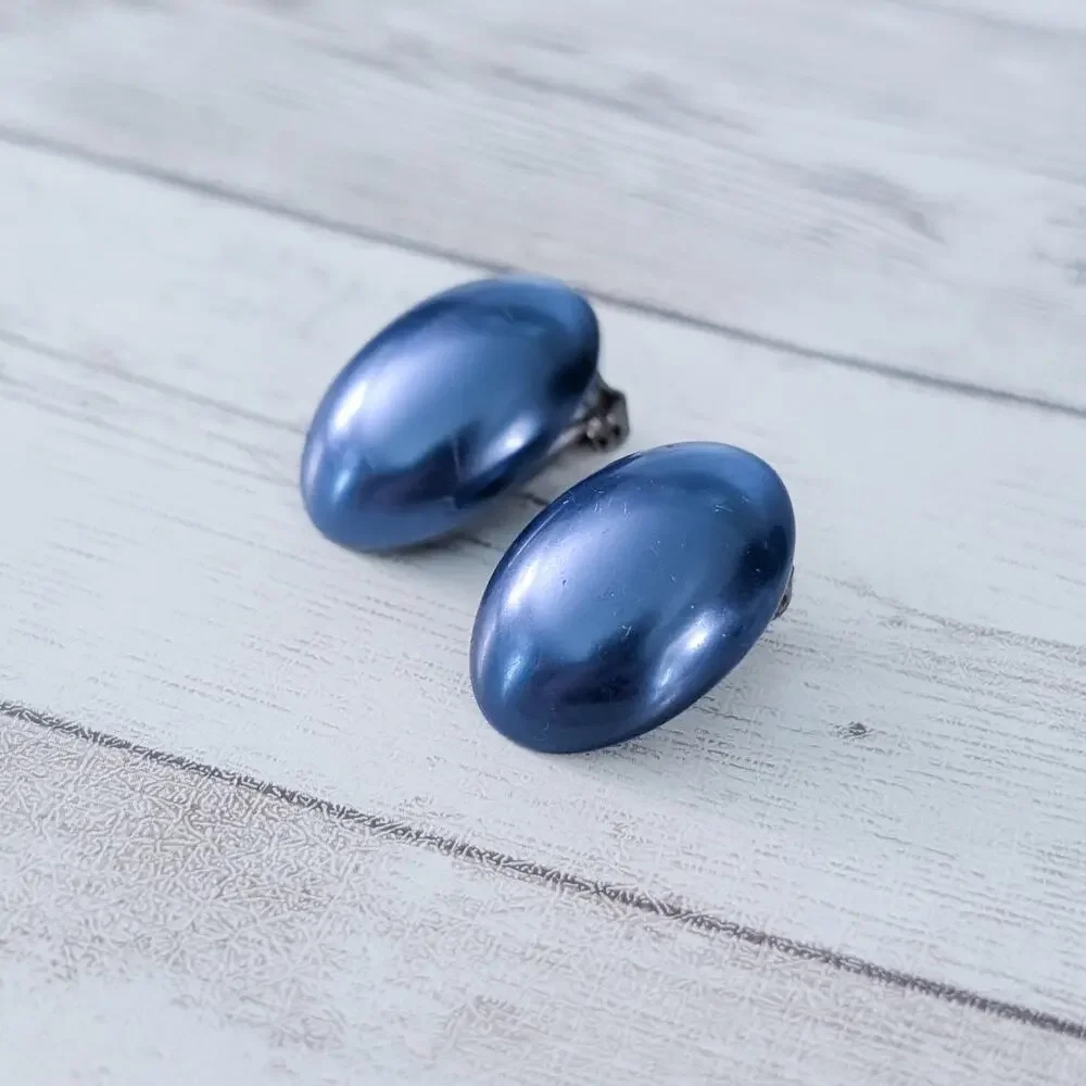 Vintage Clip On Earrings Metallic Blue Oval - A Bit Under 1
